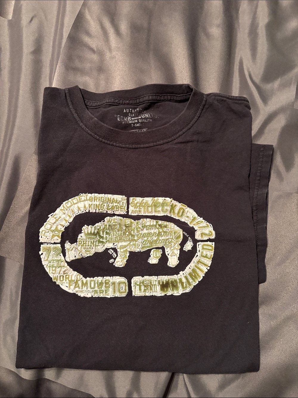 Ecko Unlimited Black Tee with Olive Green Rhino Graphic